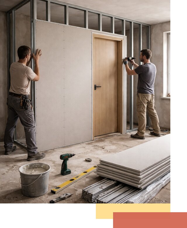 Перегородка из гипсокартона с дверью под ключ в ельце