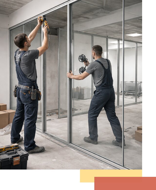 Алюминиевые перегородки со стеклом в ельце — изготовление и монтаж