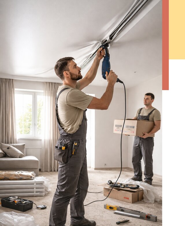 Монтаж сатинового натяжного потолка в ельце от 3594 руб. | Быстро, недорого — ОТДЕЛОЧНИК-Елц