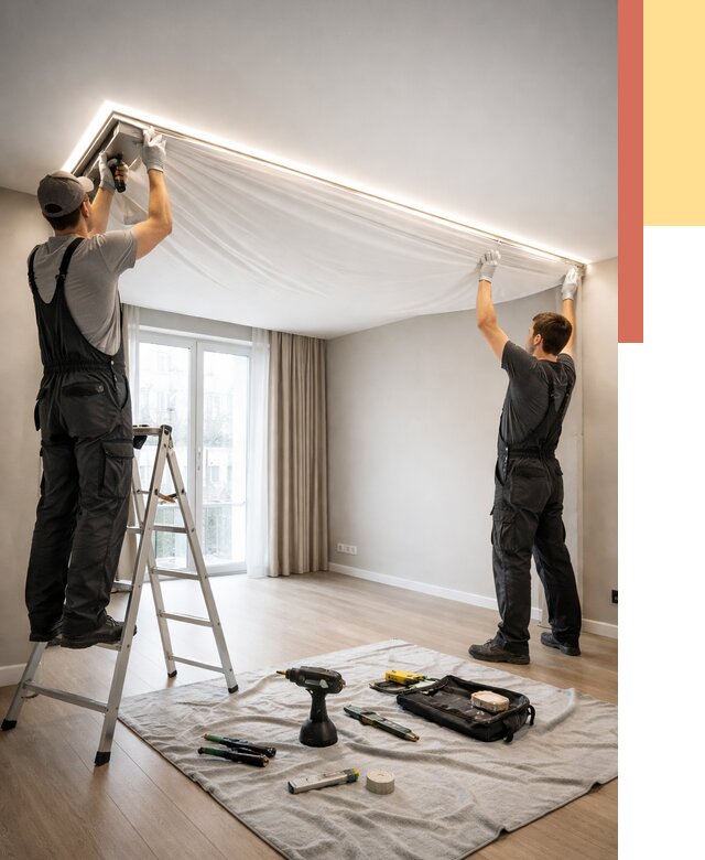 Монтаж парящего натяжного потолка в ельце от 4621 руб. быстро и недорого | ОТДЕЛОЧНИК-Елц