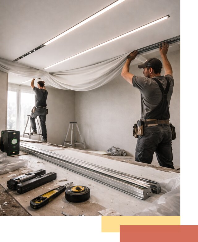 Монтаж натяжных потолков со световыми линиями в ельце