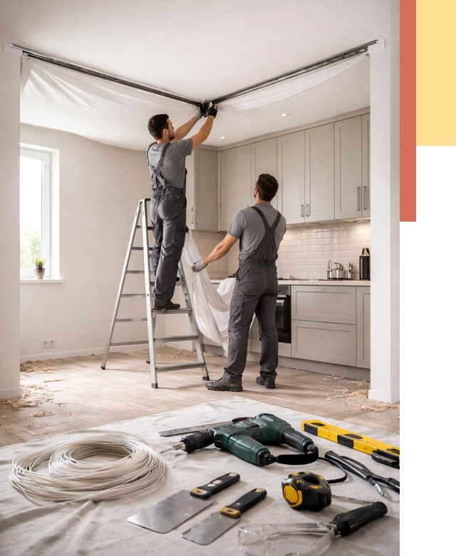 Установка натяжного потолка на кухне в ельце от 2464 руб. | ОТДЕЛОЧНИК-Елц