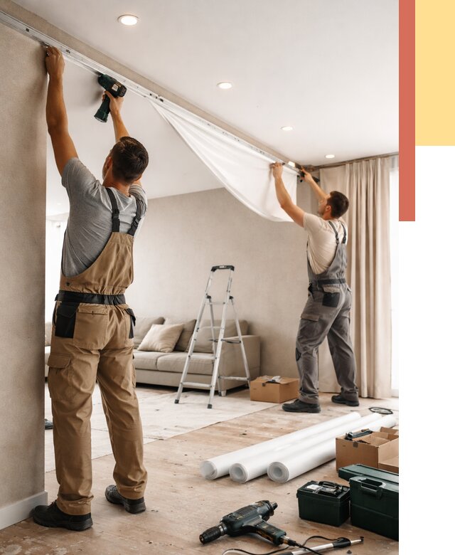 Монтаж натяжного потолка в гостиной в ельце от 565 руб. | ОТДЕЛОЧНИК-Елц