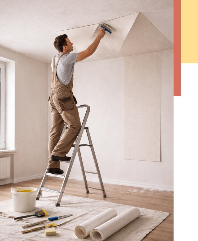 Поклейка обоев на потолок в ельце от 4621 руб. быстро и недорого | ОТДЕЛОЧНИК-Елц